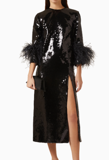 16Arlington Billie Feather-trimmed Midi Dress in Sequin