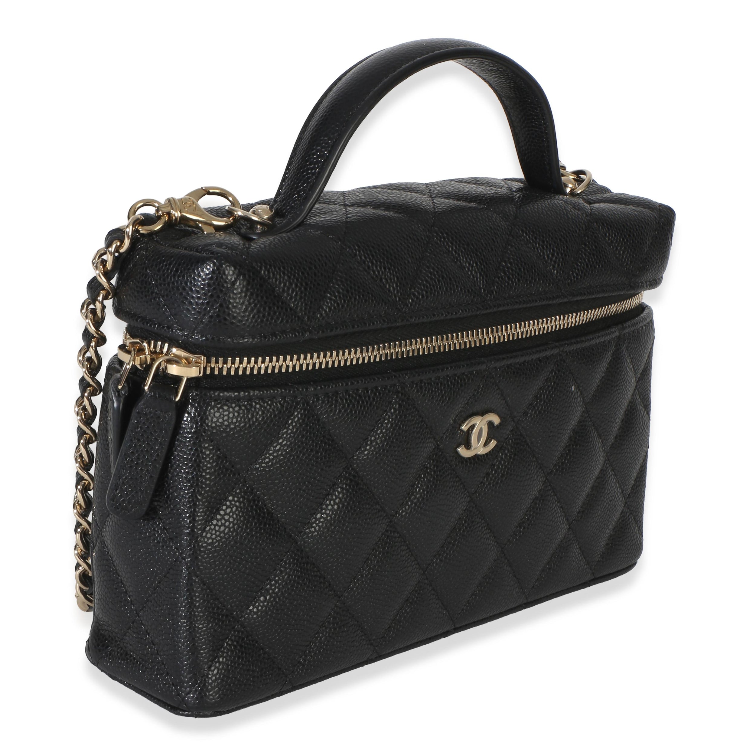 Chanel Black Quilted Caviar Top Handle Slim Vanity With Chain