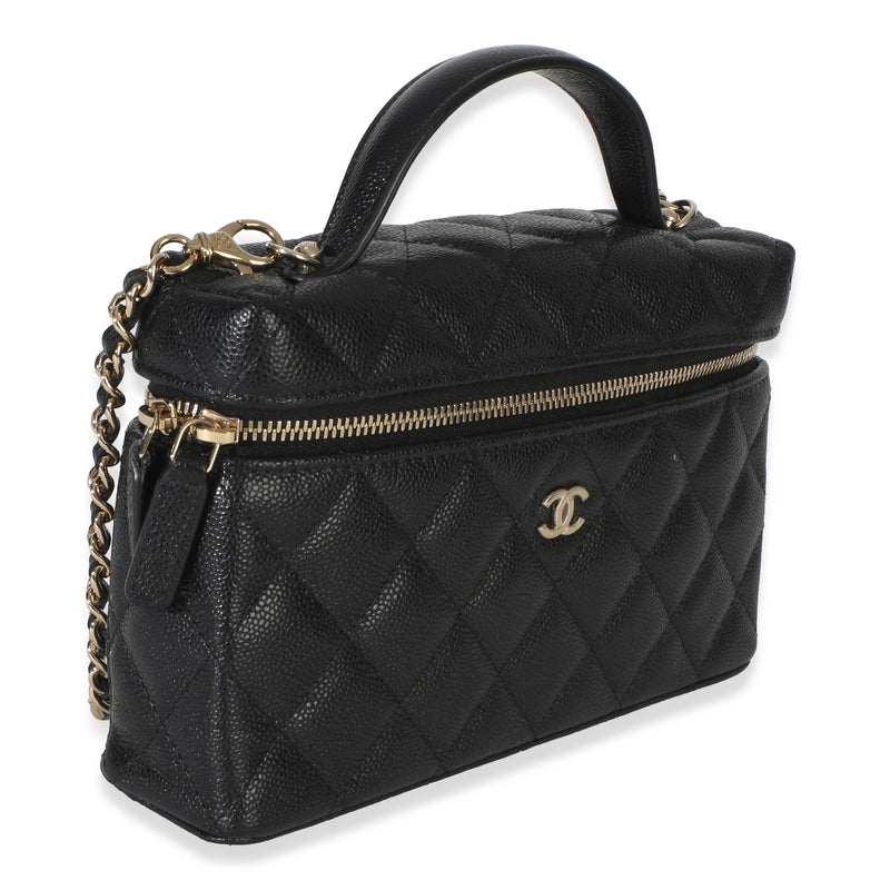 Chanel Black Quilted Caviar Top Handle Slim Vanity With Chain