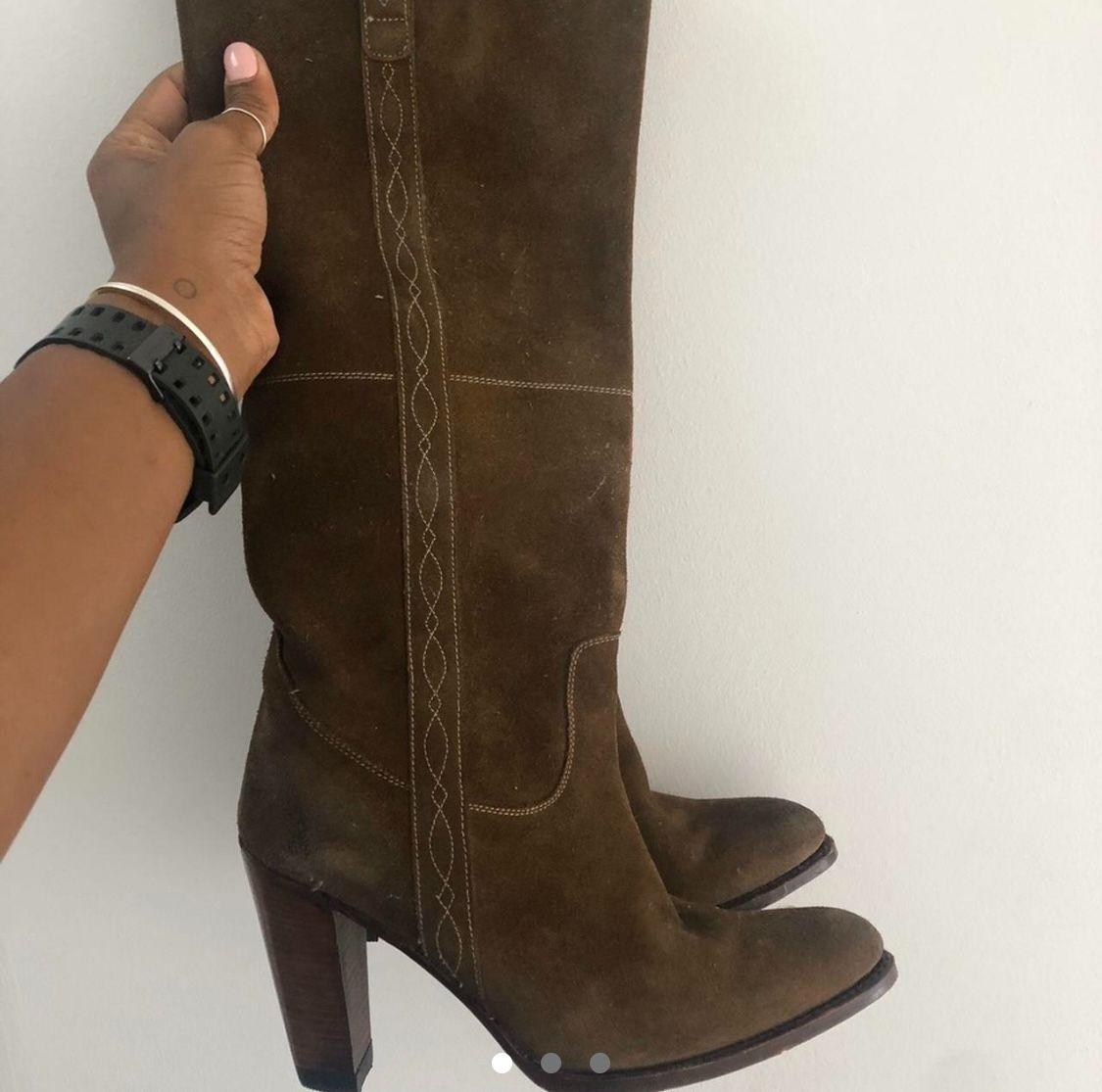 Khaki Suede Embroidered Knee Boots