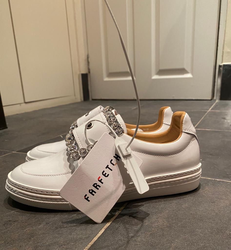 White Patent Leather Crystal Brooch Sneakers
