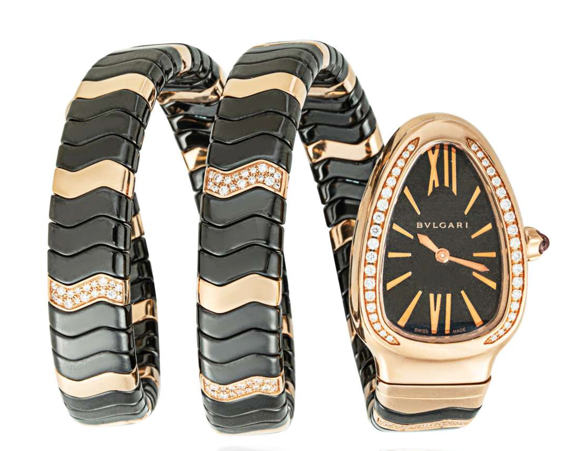 Bvlgari Black Ceramic 18K Rose Gold Diamond Serpenti Spiga Watch
