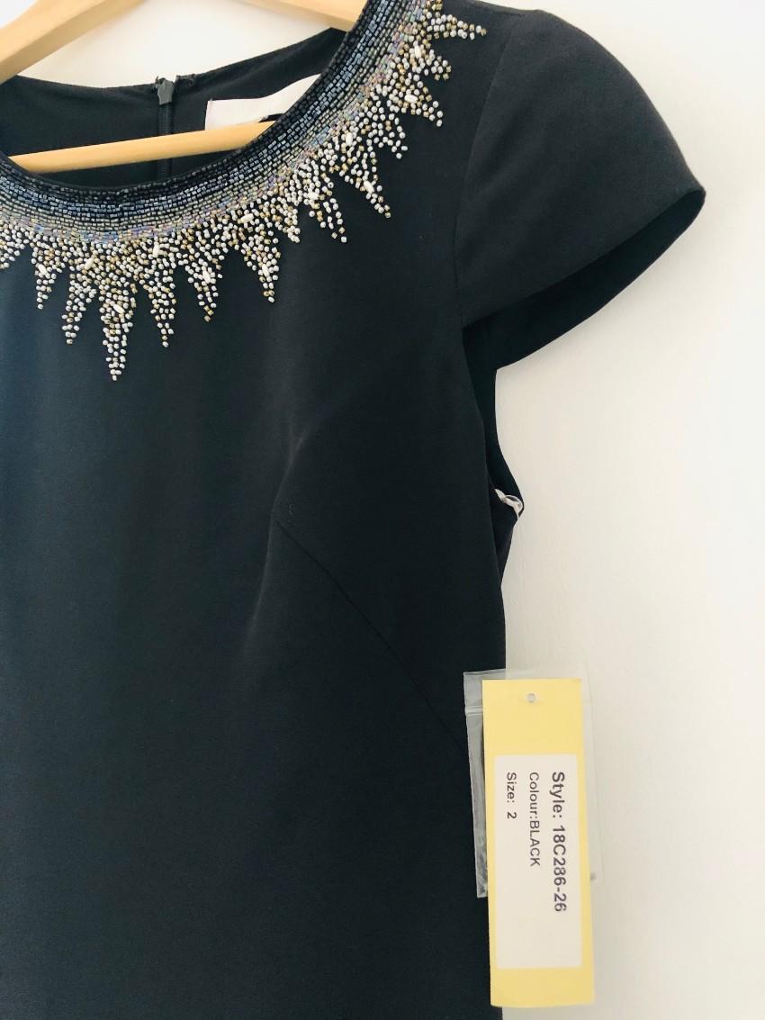 Mikael Aghal black beaded neckline fitted silk dress