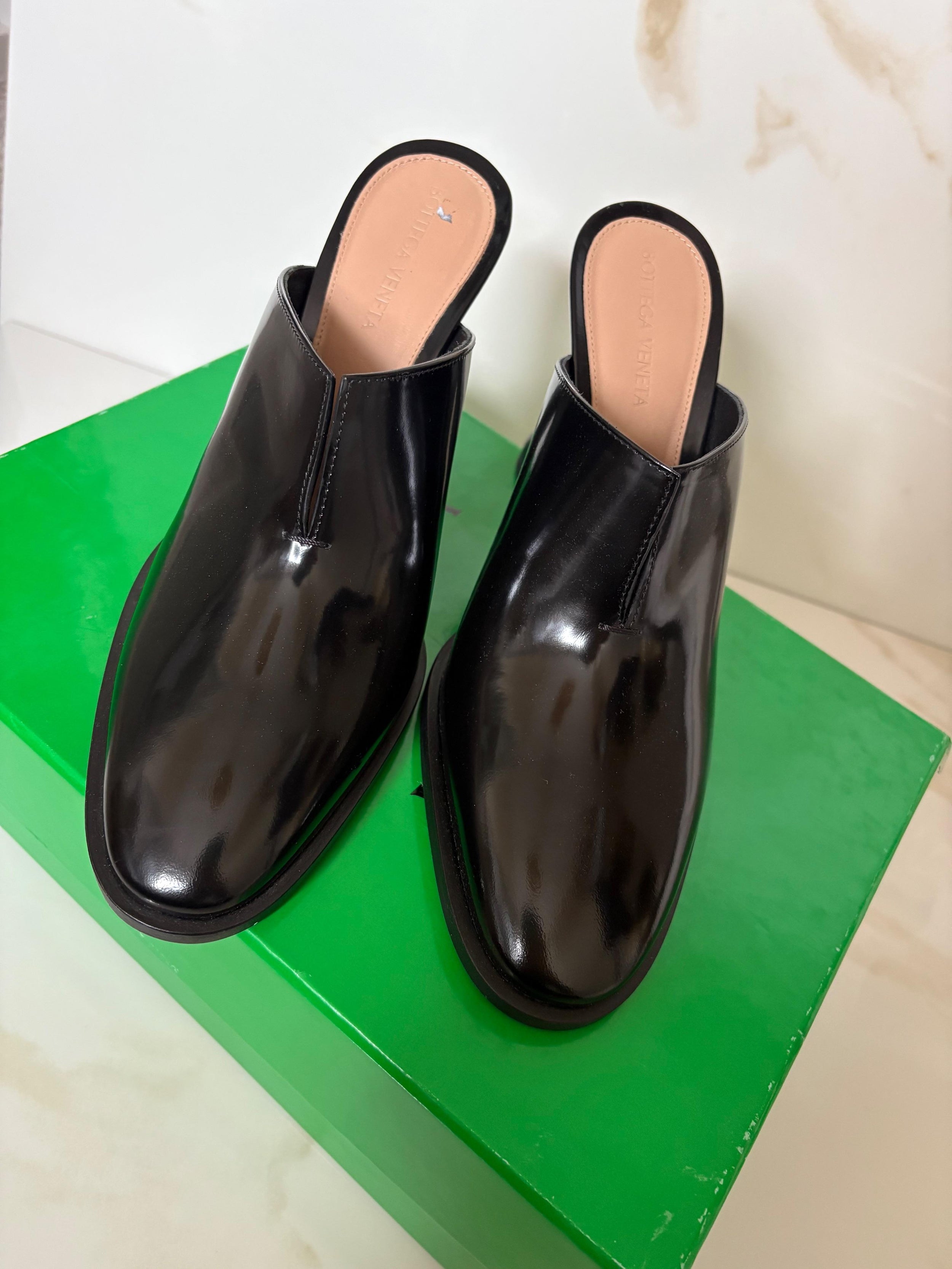 Bottega Veneta Black Patent Leather Cha Cha Mules