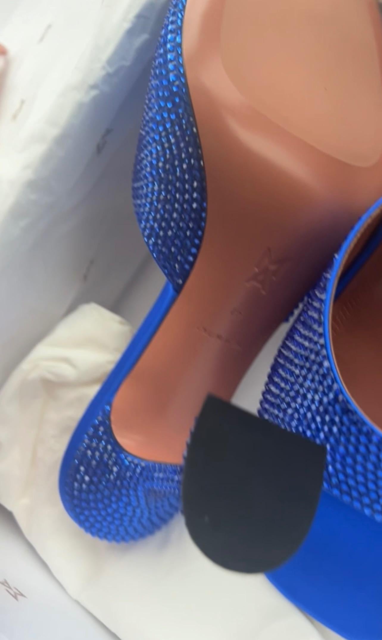 Amina Muaddi Blue Crystal Embellished Alexa Mules
