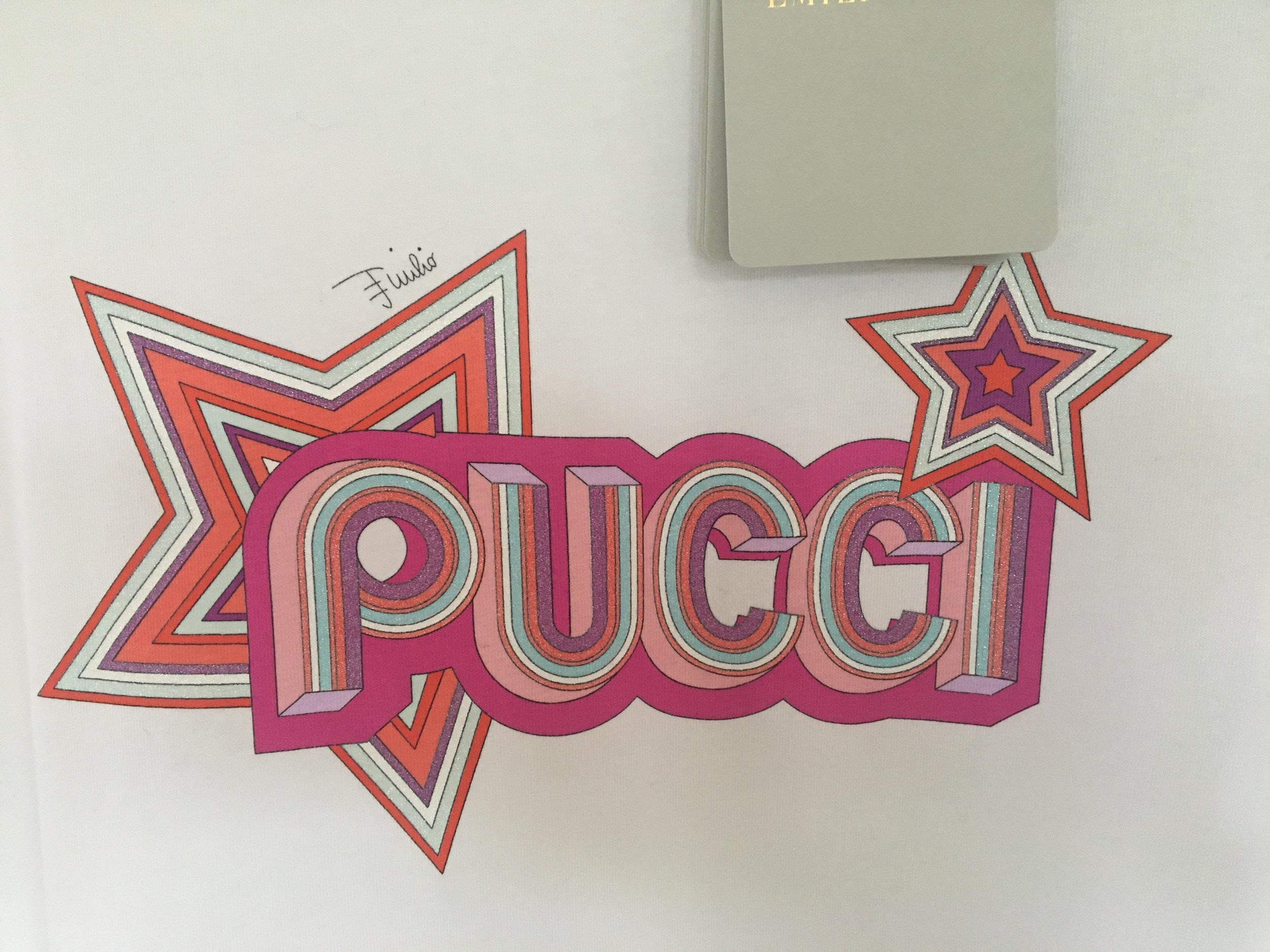 Emilio Pucci White Print Trim Glitter Logo Top