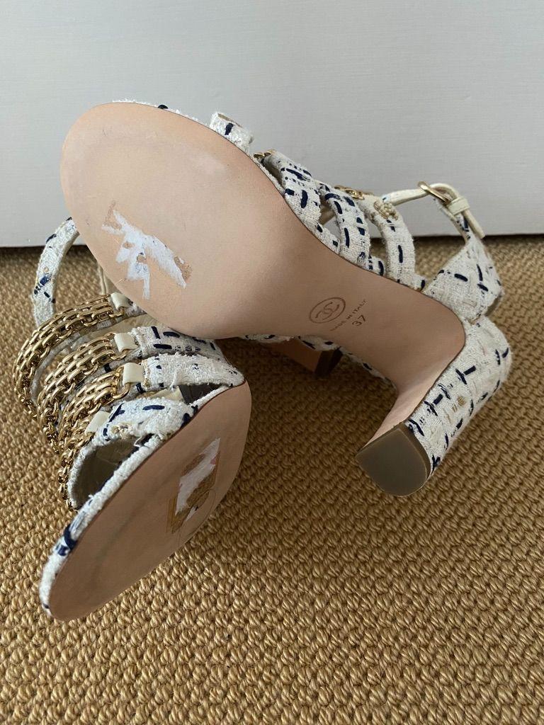 Chanel Tweed Chain Embellished Heeled Sandals
