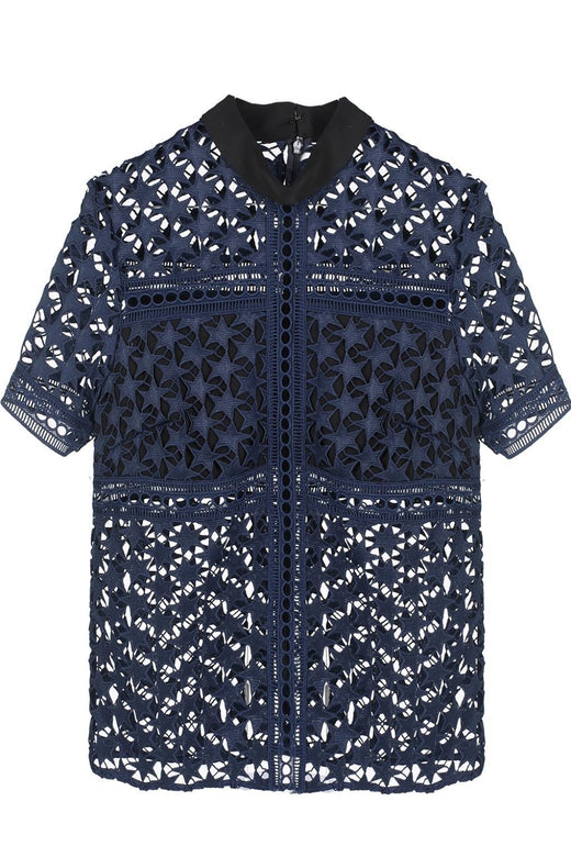 Navy Blue Star Lace Short Sleeved Blouse