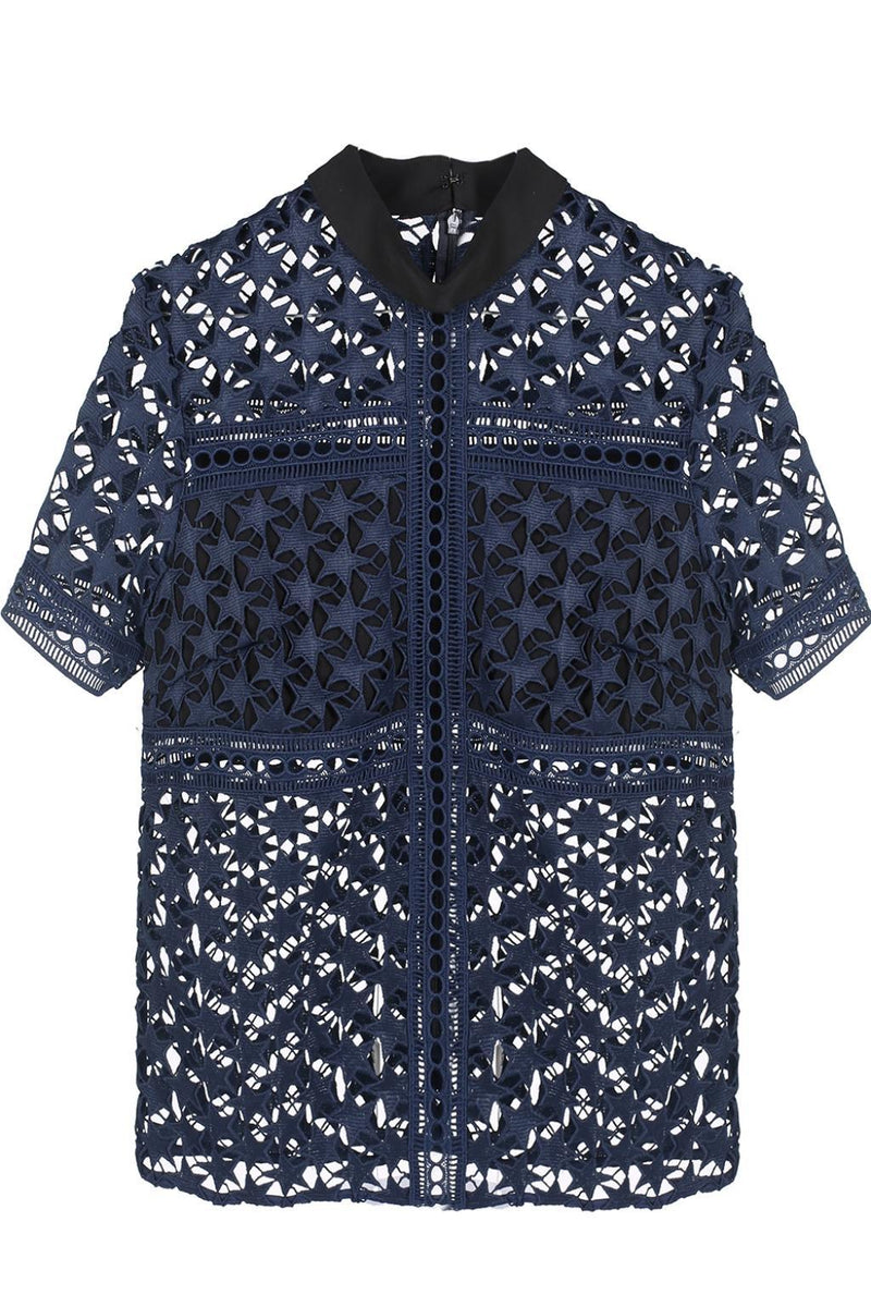 Navy Blue Star Lace Short Sleeved Blouse