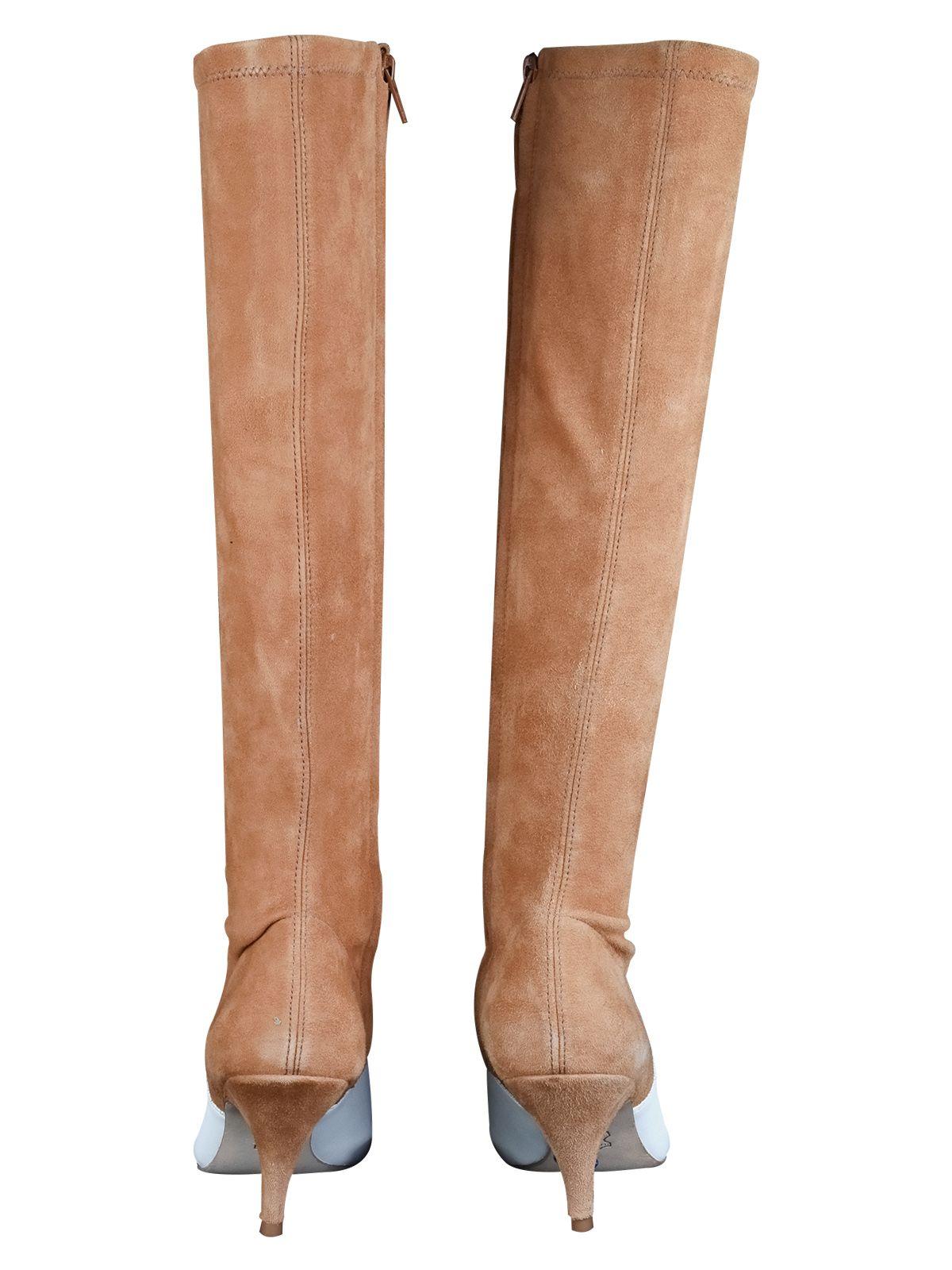 Beige suede & white leather heeled long boots