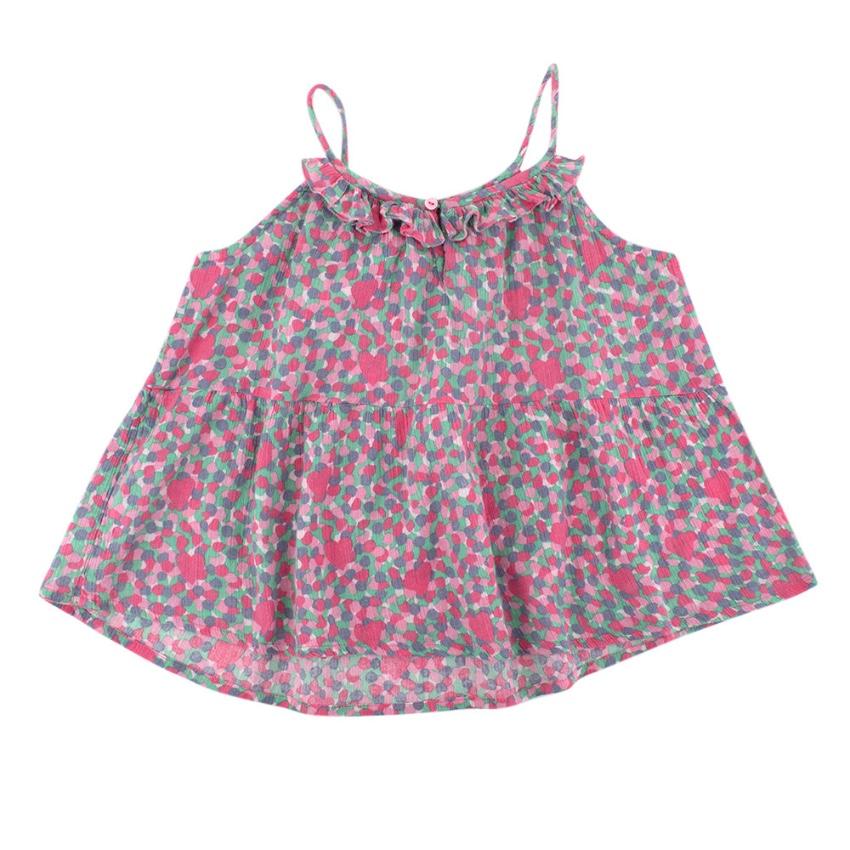 Bonpoint Pink & Green Cotton Hearts Print Ruffled Blouse