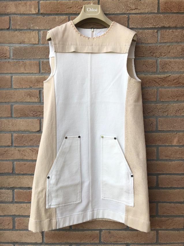 Chloe Sleeveless mini dress in colour-block stretch denim canvas