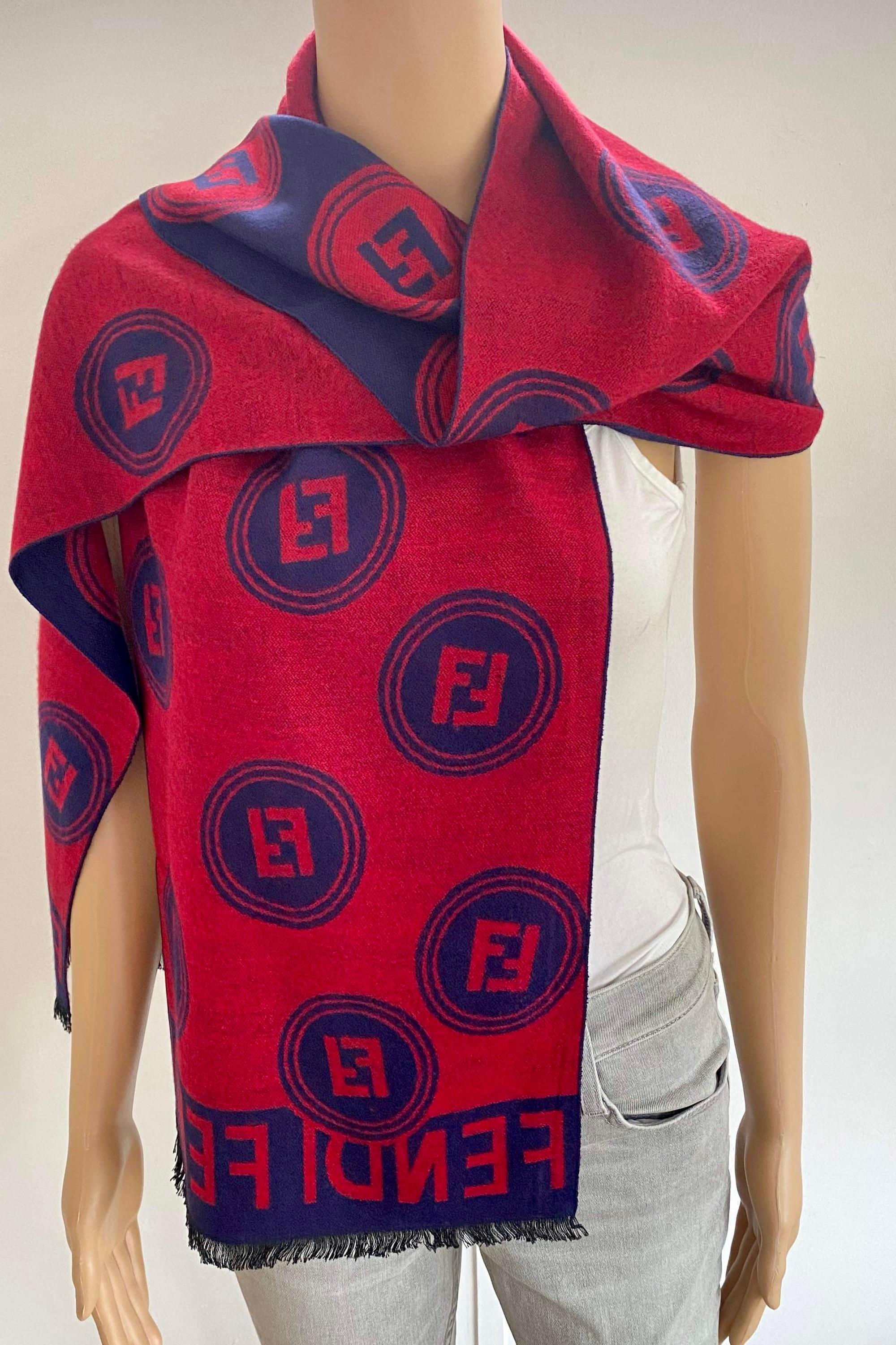Fendi Navy and Red  Monogram Merino Wool Scarf