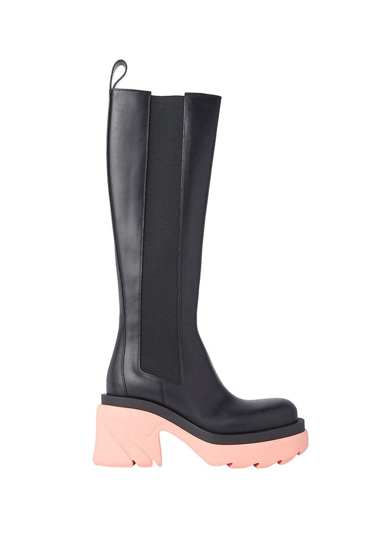 Flash Pink Platform Black Leather Knee Boots