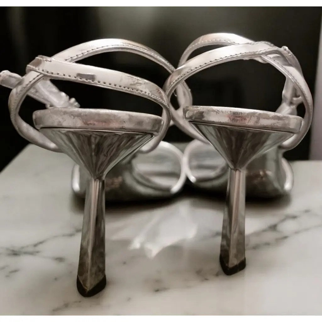 Prada Modellerie Logo-Plaque Metallic-Leather Sandals.