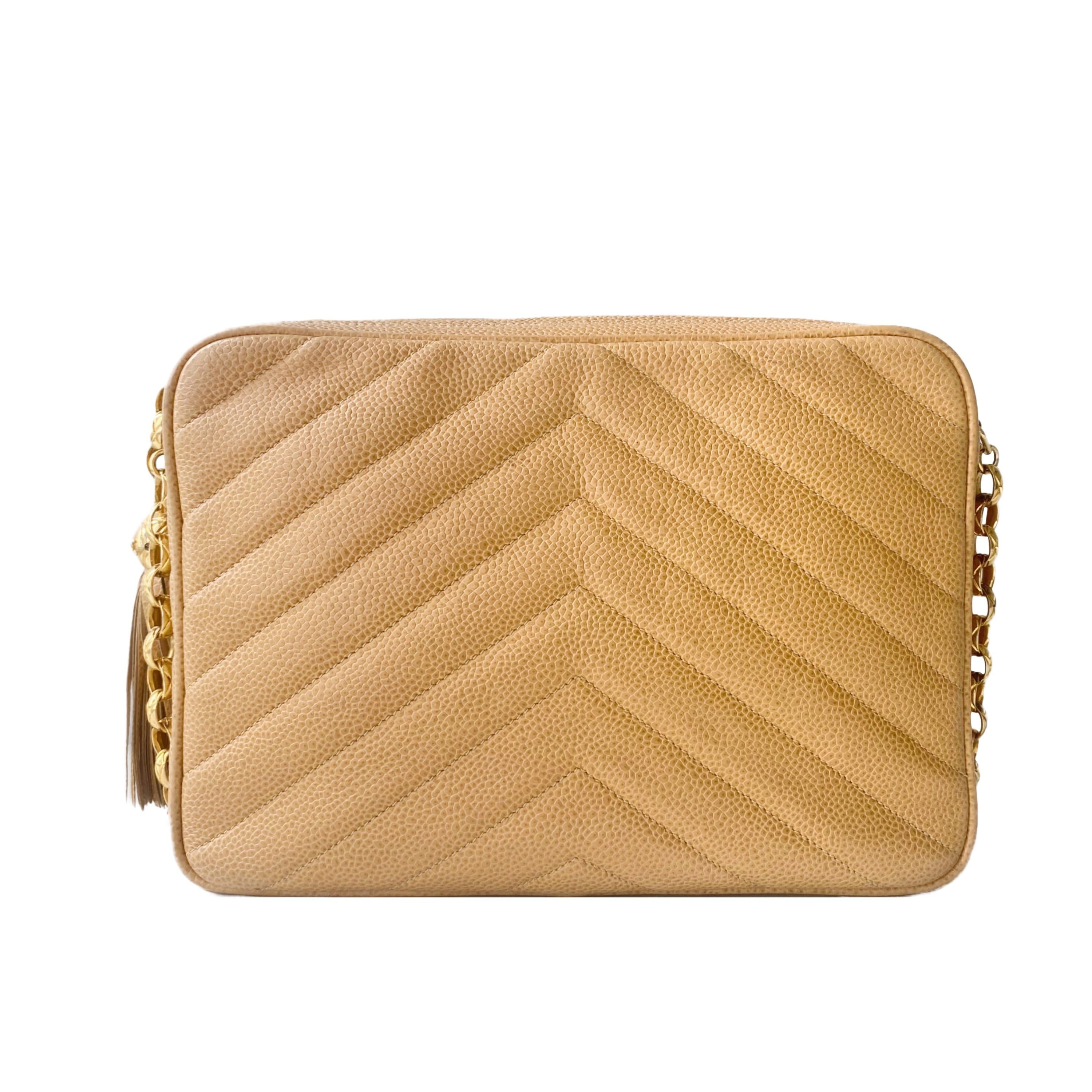 Beige Quilted Chevron Caviar Bijoux Camera Flap Bag