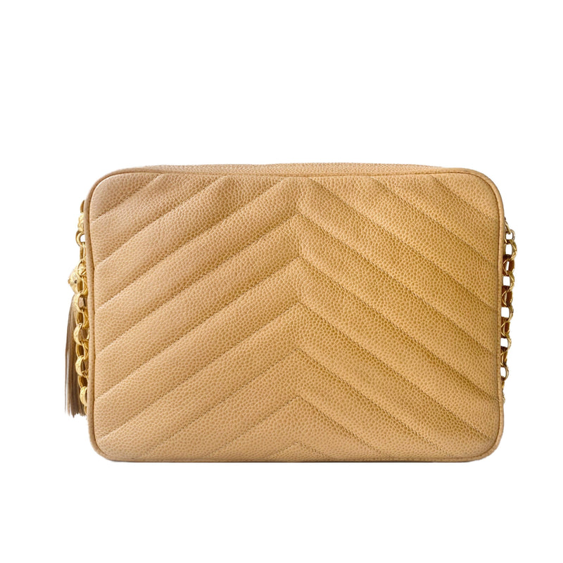 Beige Quilted Chevron Caviar Bijoux Camera Flap Bag