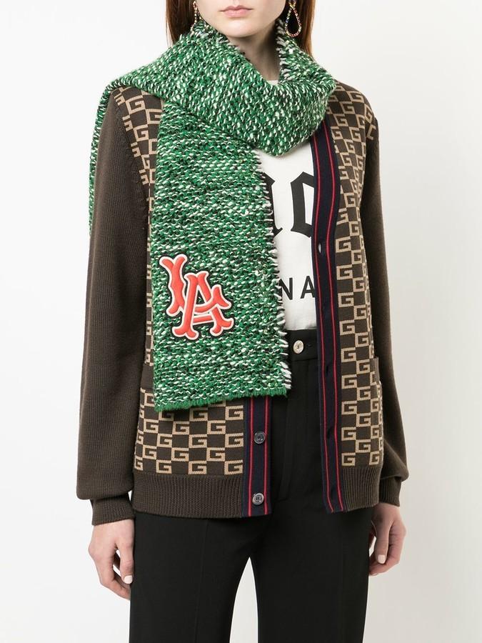 Gucci LA Patch Embellished Green Melange Wool Blend Scarf