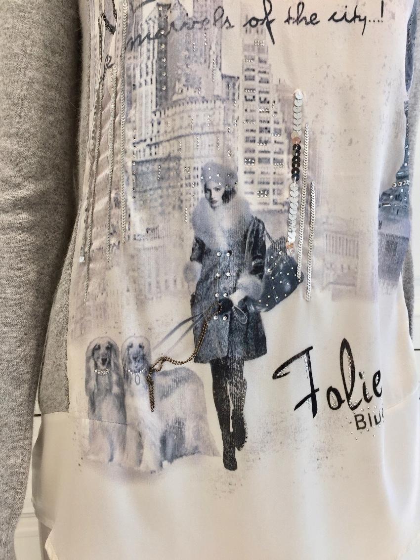 Blugirl Folies Silk New York Scene Swarovski Crystal Long Sleeve Top