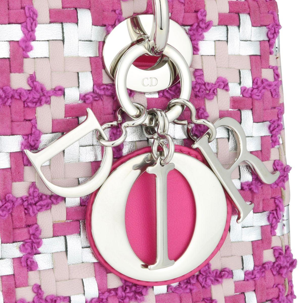 Dior Pink & Silver Woven Leather & Tweed Medium Lady Dior Bag