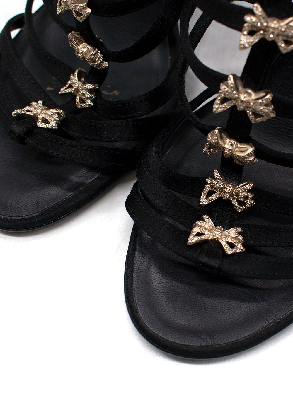 Chanel Black Satin Strappy Heels with Bow Detailing