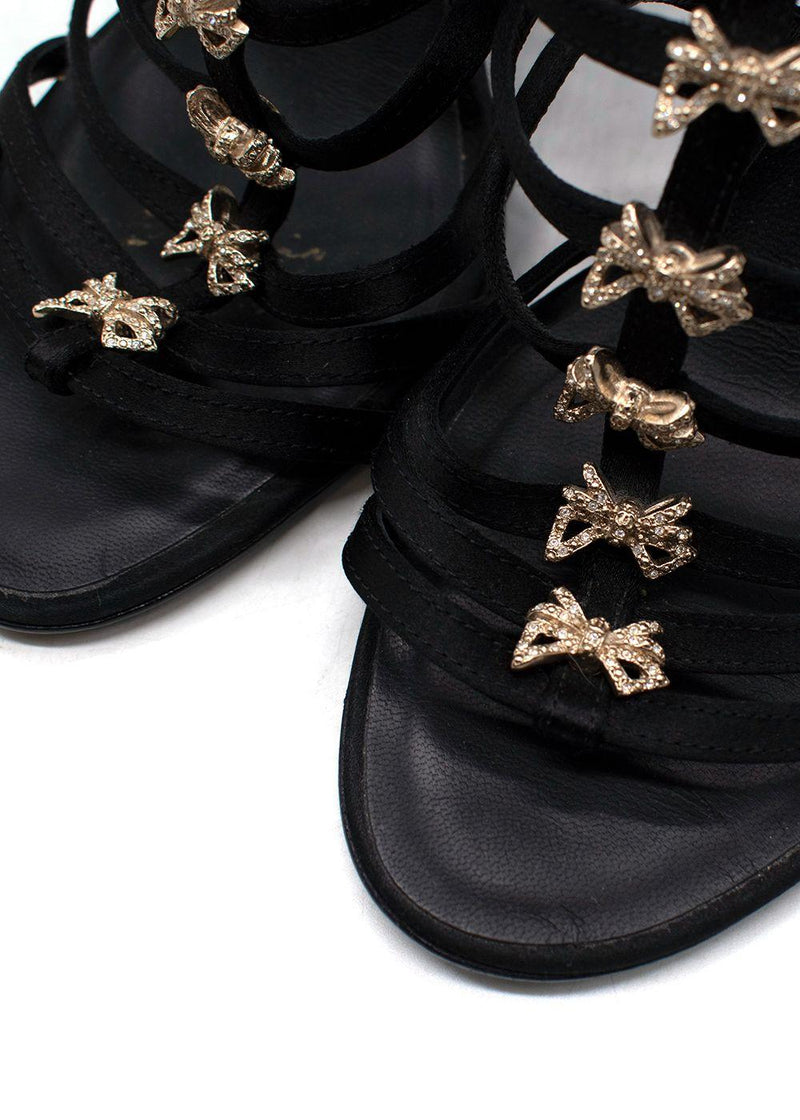 Chanel Black Satin Strappy Heels with Bow Detailing