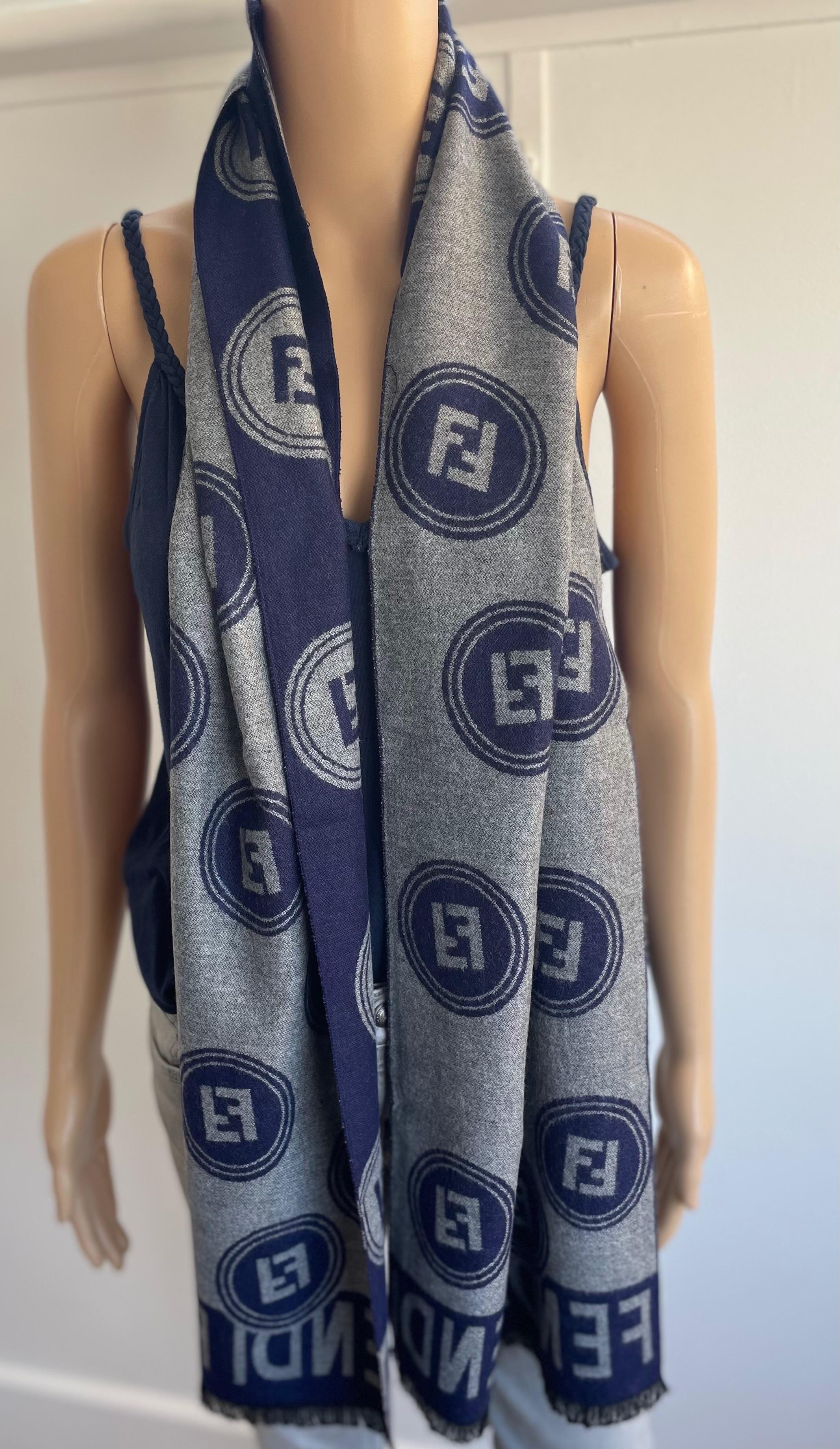 Fendi Navy and Grey Merino Wool Scarf
