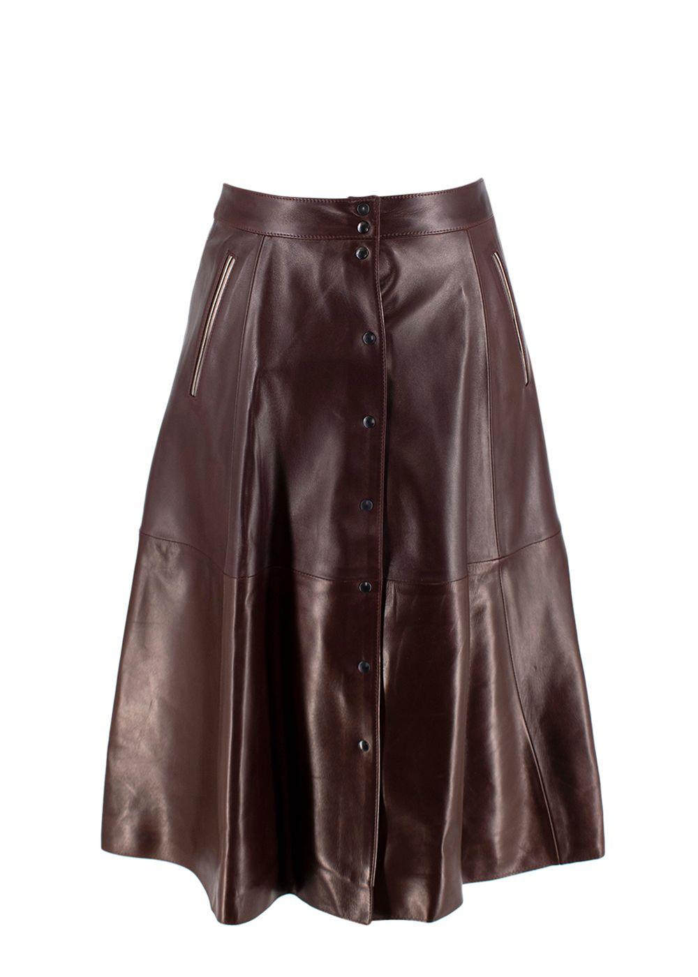 Alice Balas Burgundy Leather Button-Down A-Line Skirt