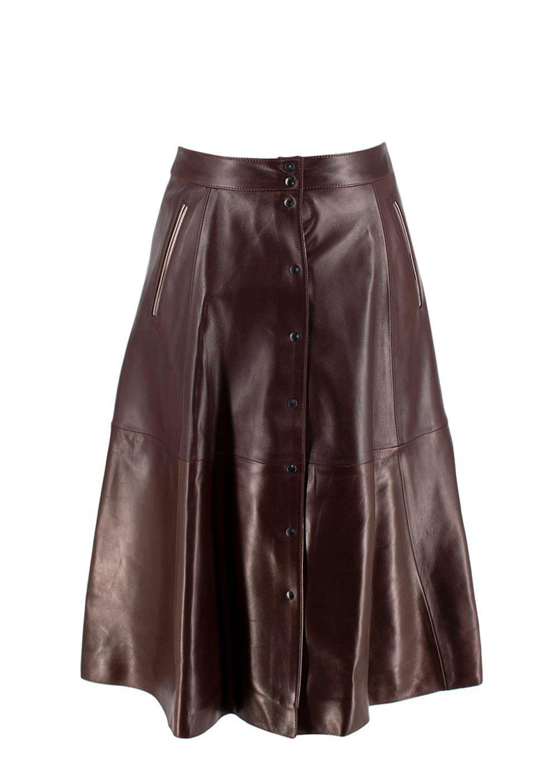 Alice Balas Burgundy Leather Button-Down A-Line Skirt
