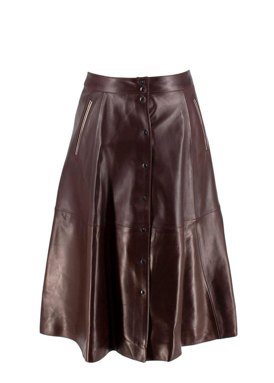 Alice Balas Burgundy Leather Button-Down A-Line Skirt