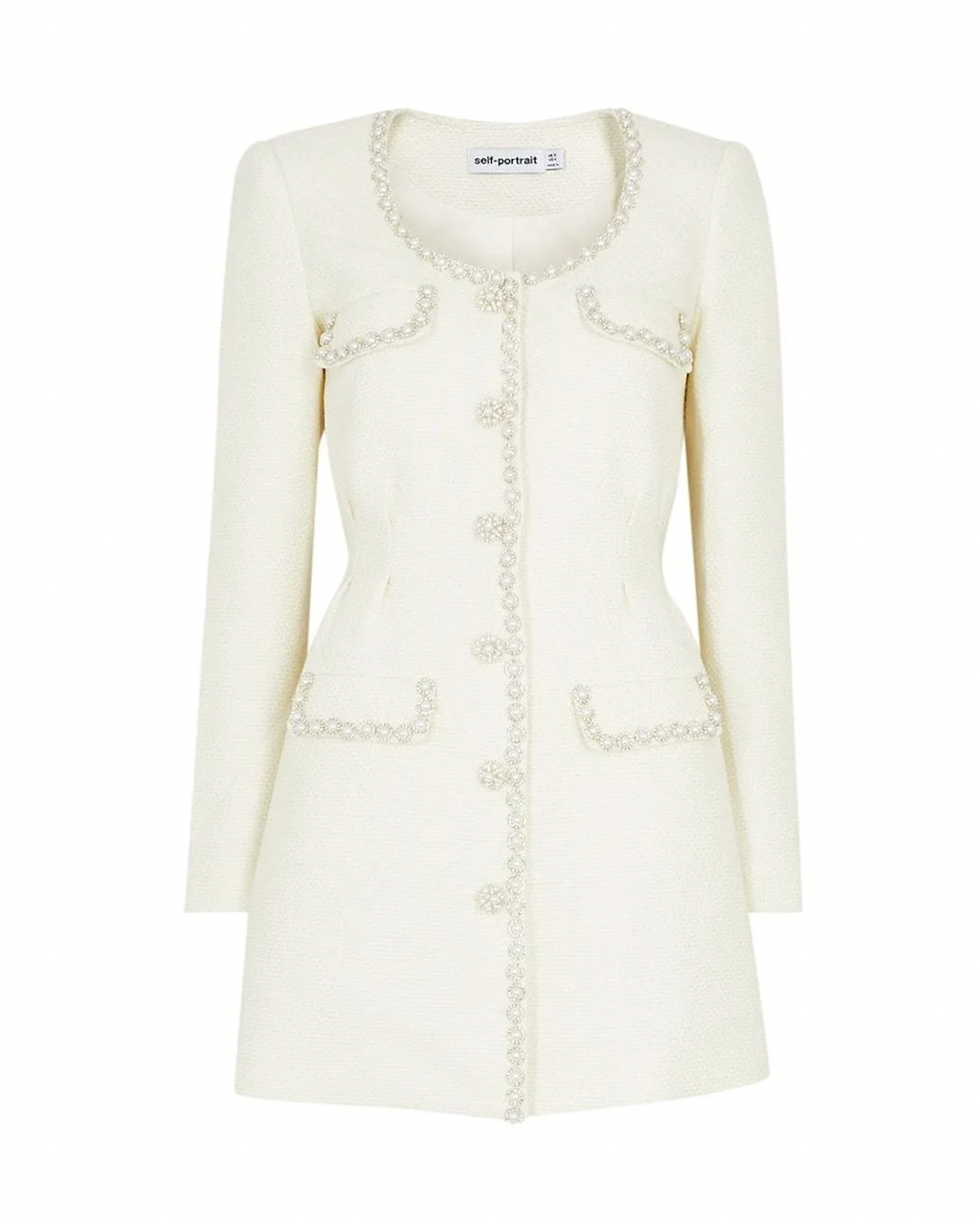 Self Portrait Cream Tweed Faux Pearl Embellished Mini Dress