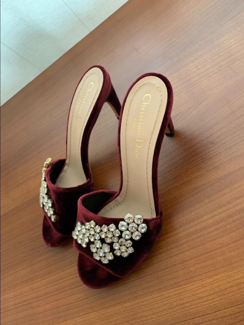 Dior burgundy rhinetone embellished velvet sandals