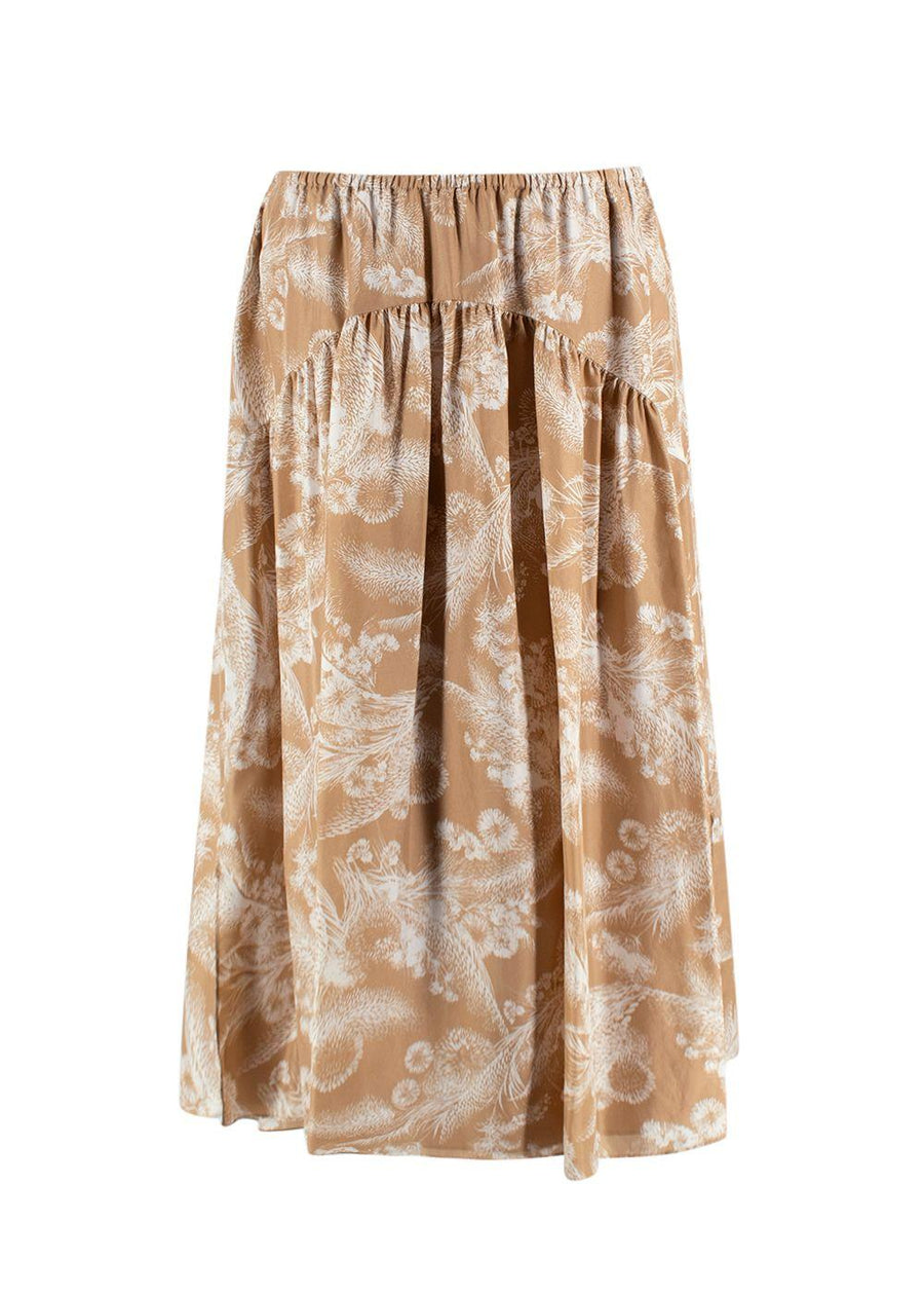 Vince Beige Printed Silk Midi Skirt