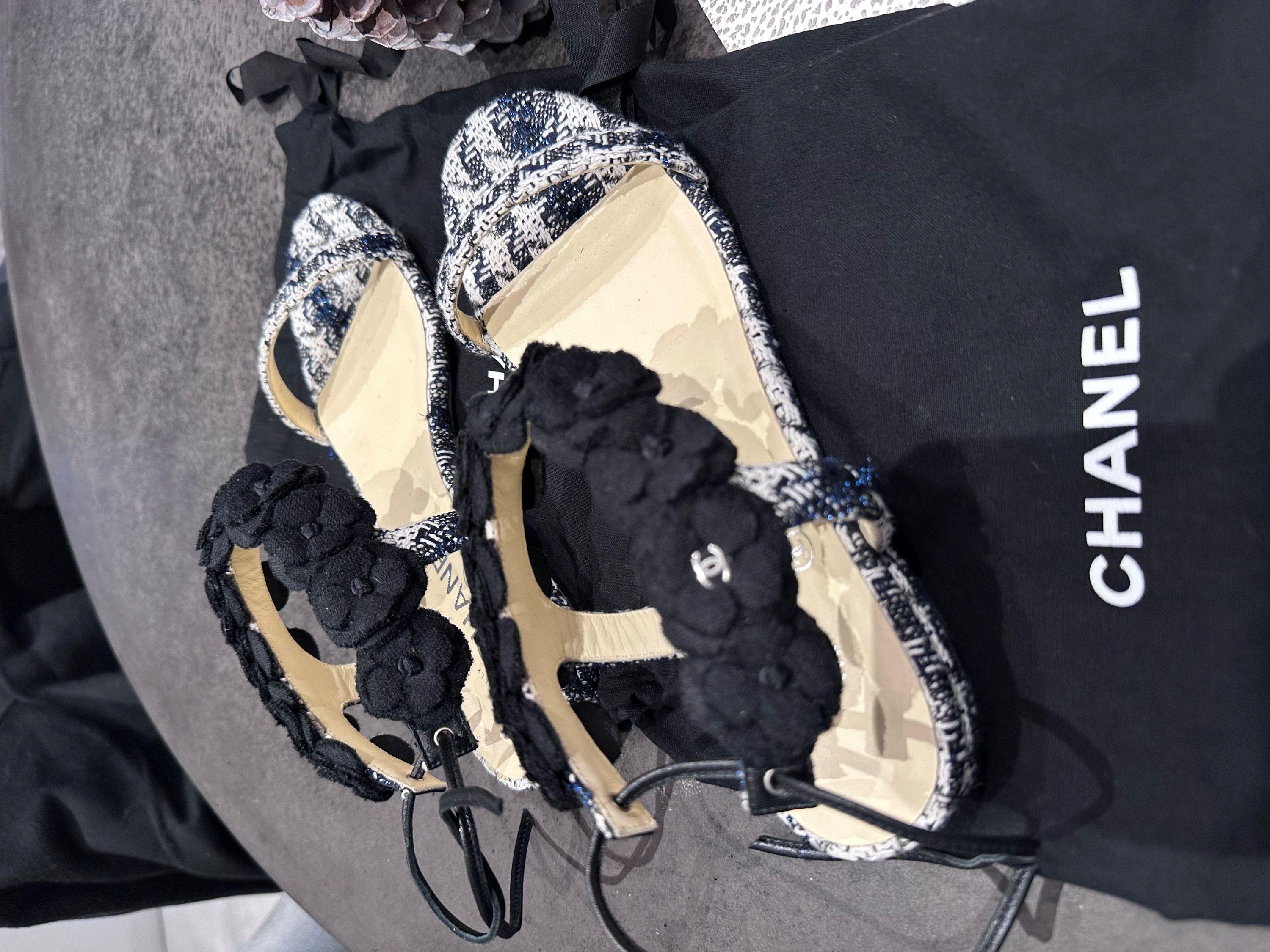 Chanel Black and White Tweed Camellia Embellished Sandals