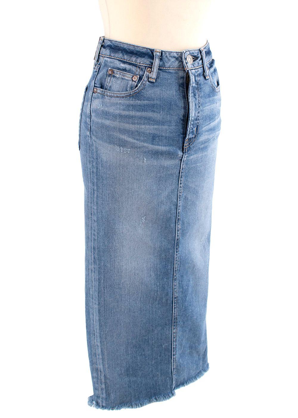 Light Wash Raw Hem Denim Midi Skirt