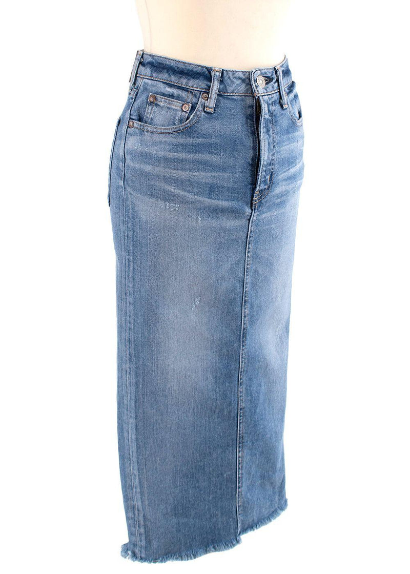 Light Wash Raw Hem Denim Midi Skirt