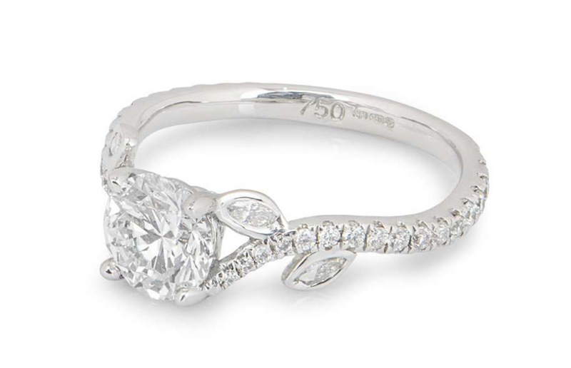Intricate Floral White Gold Round Brilliant Cut Diamond Ring