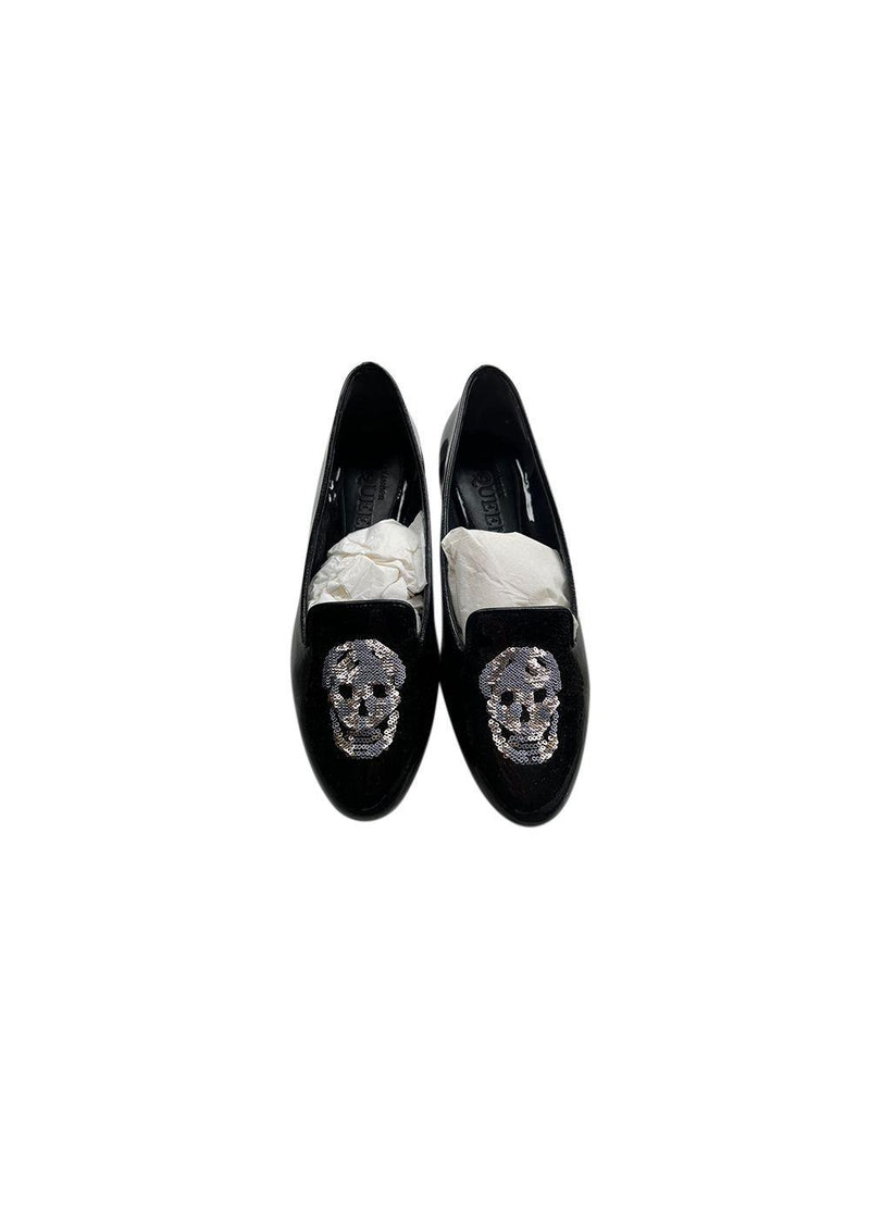 Black patent sequin skull loafers