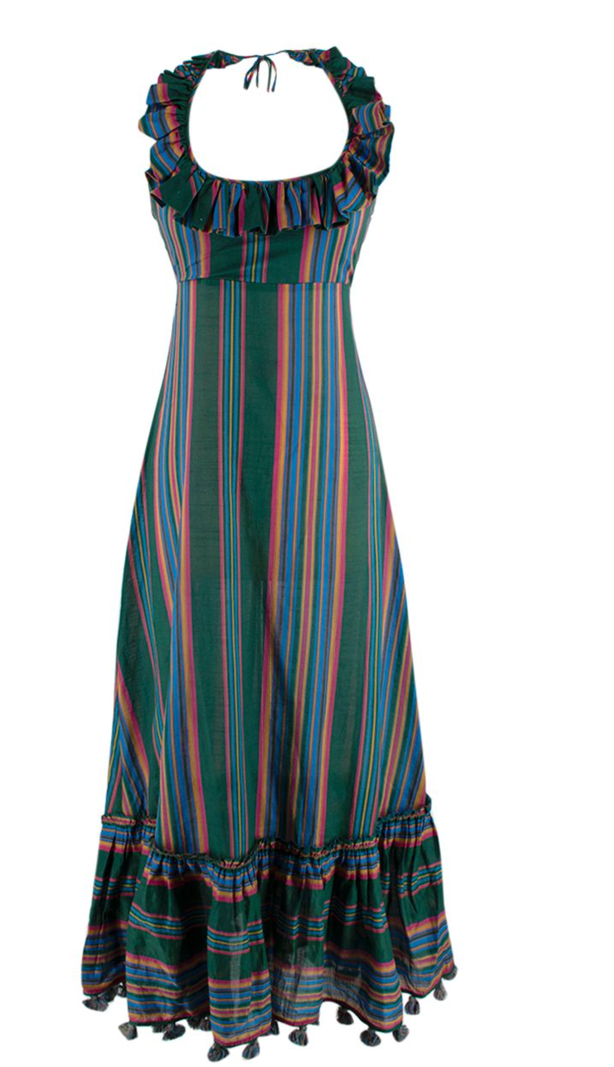 Zimmermann Dark Green Ruffled Striped Halterneck Maxi Dress