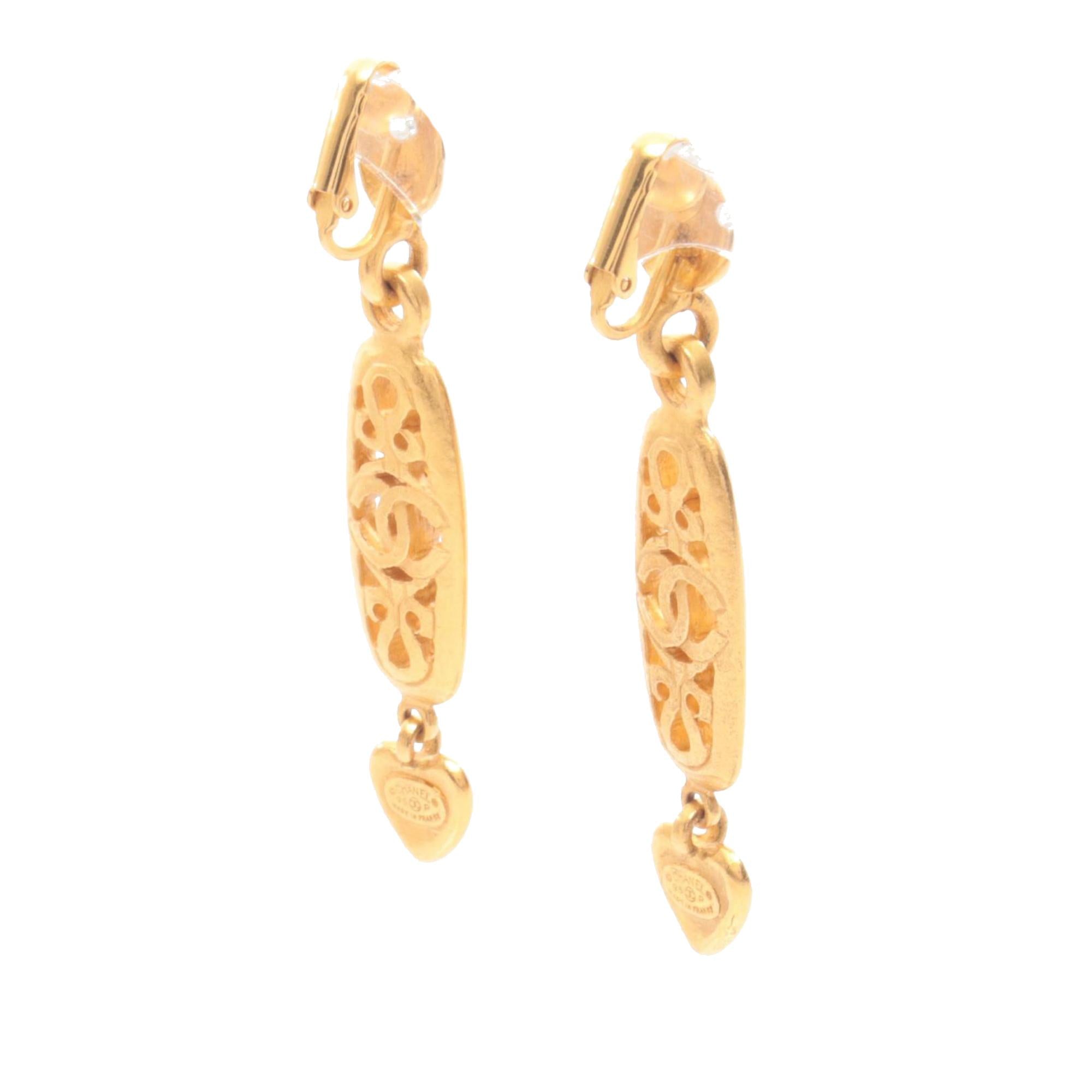 Chanel Gold Plated Heart Drop Clip on Earrings