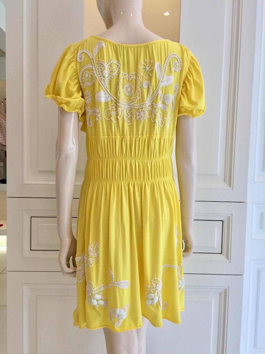 Gaetano Navarra Hand Embroidered Canary Yellow Beaded Dress