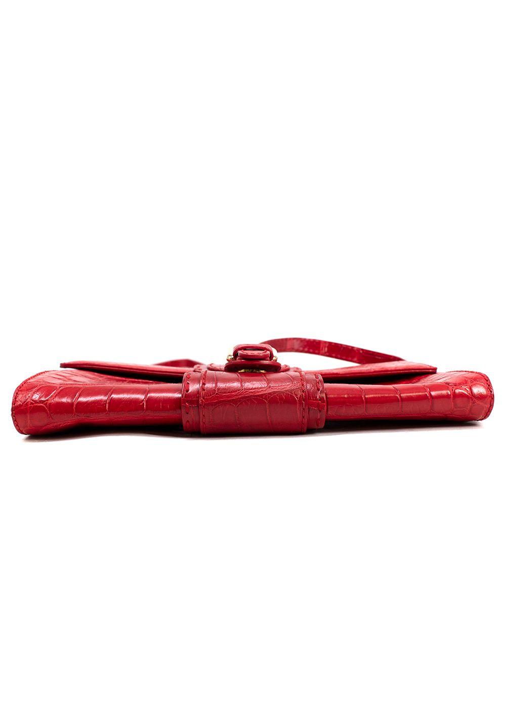 Giorgio Armani Red Crocodile Embossed Buckle Shoulder Bag