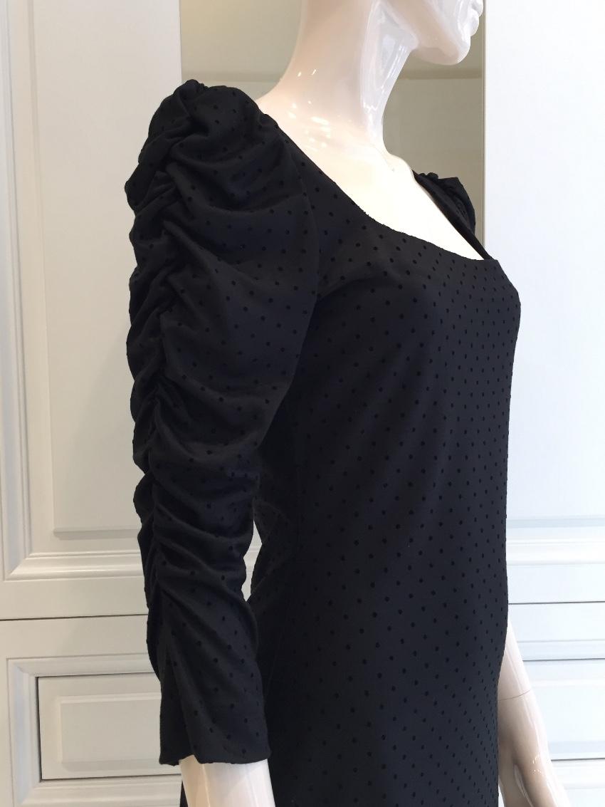 French Couture Black Jersey & Velvet Dot Square Neck Dress