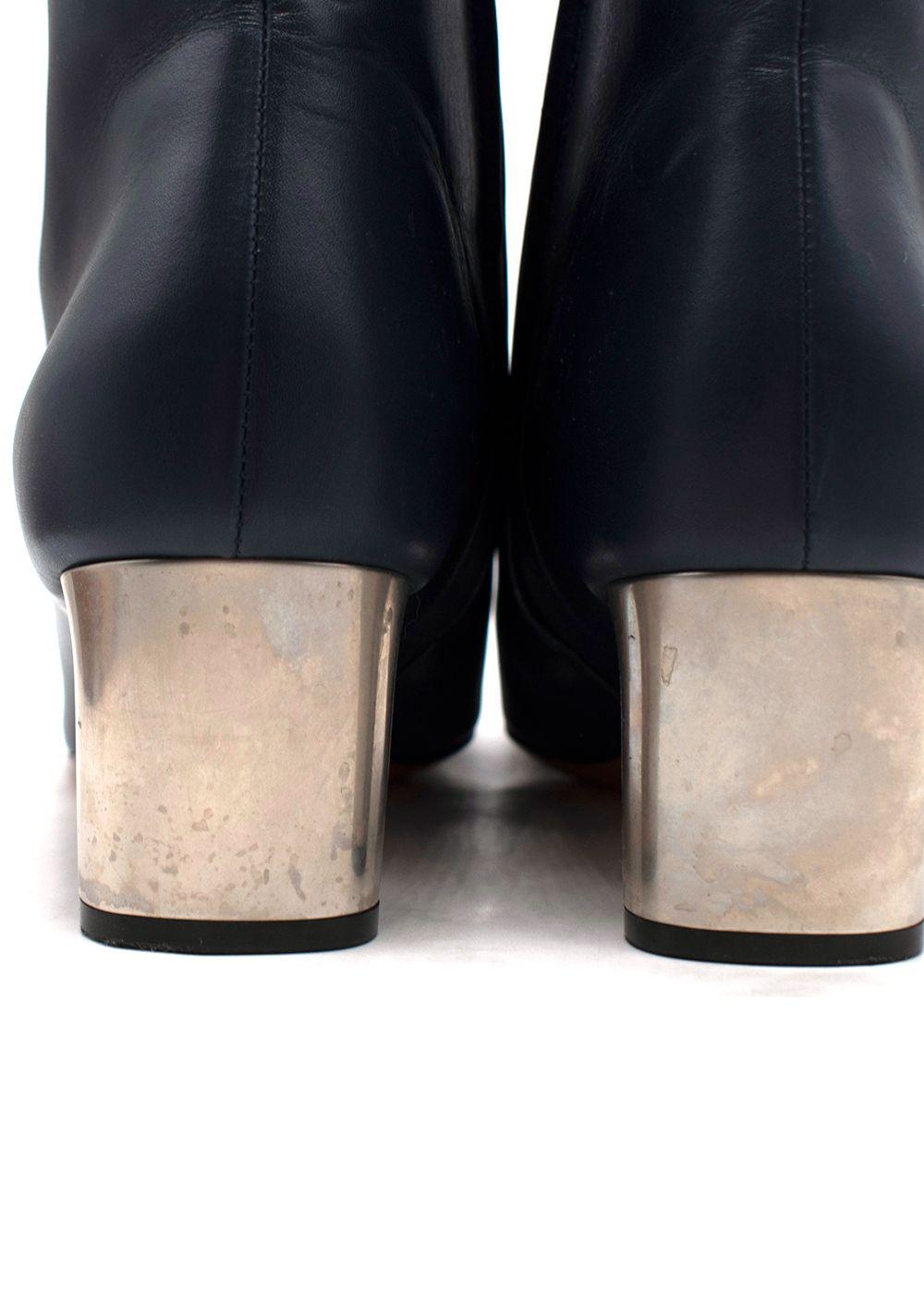 Celine Navy Leather Silver Brushed Heel Ankle Boot