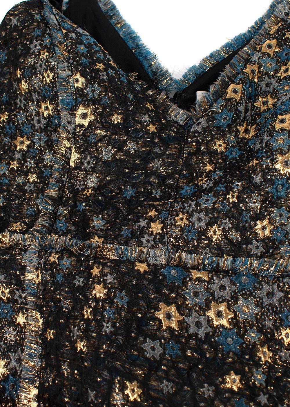 Erdem Teal and Gold Star Patterned Jacquard Dress
