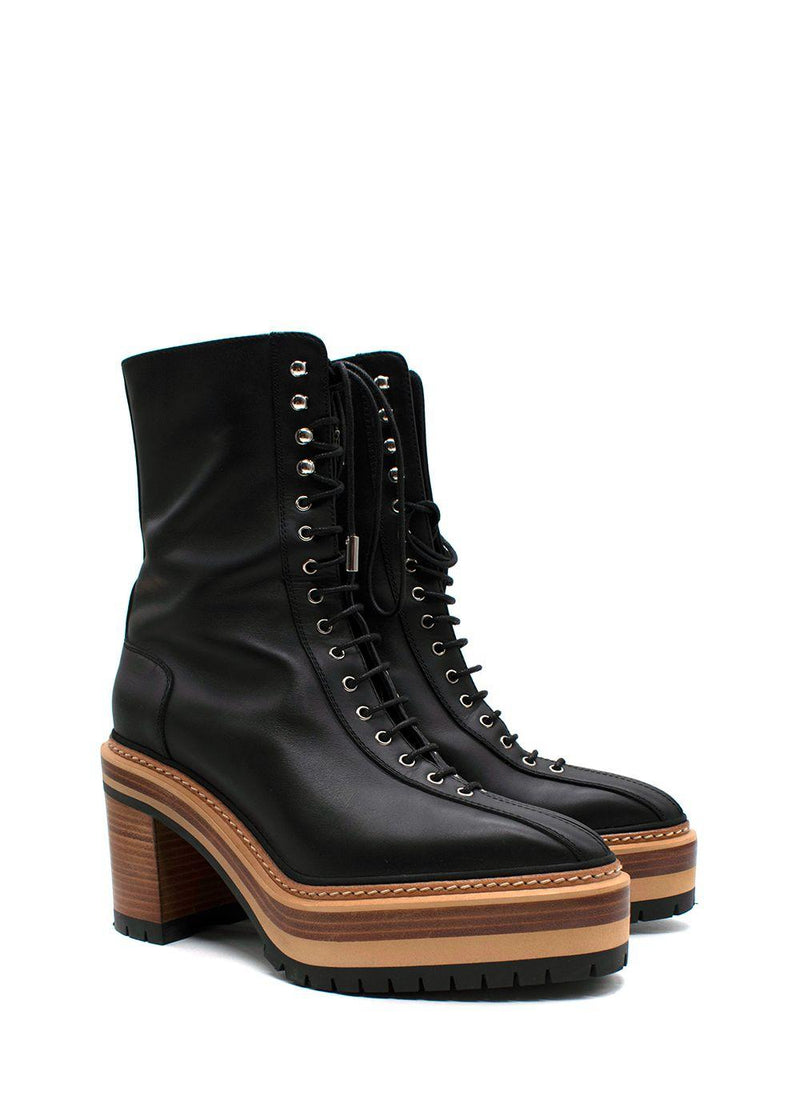 Hermes Black Leather Lace Up Platform Boots