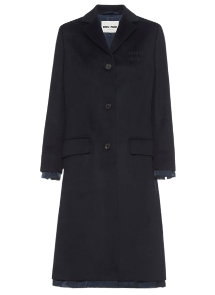 Miu Miu Black Single Breasted Longline Coat with Logo Detail