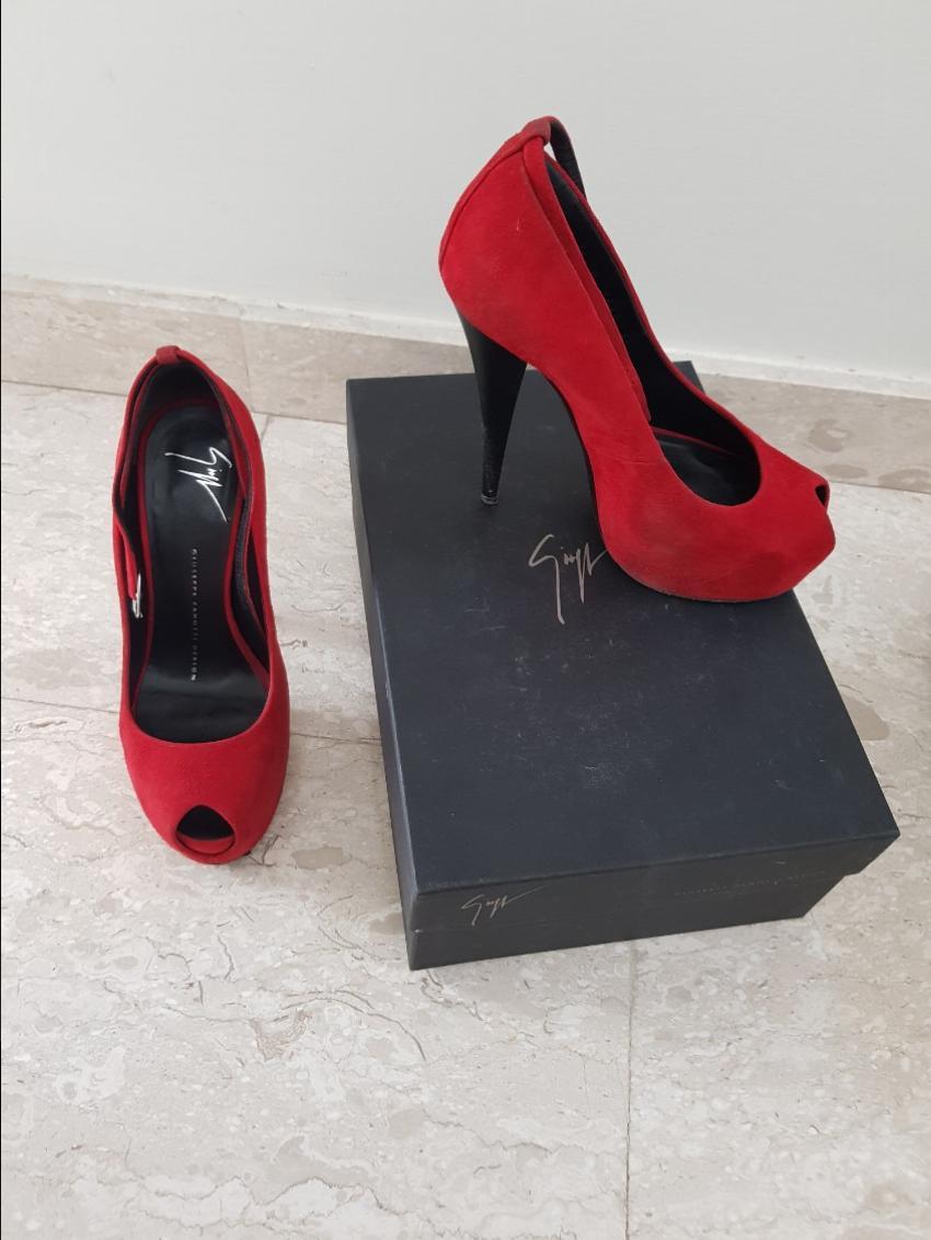 Giuseppe Zanotti red suede open toe ankle strap pumps