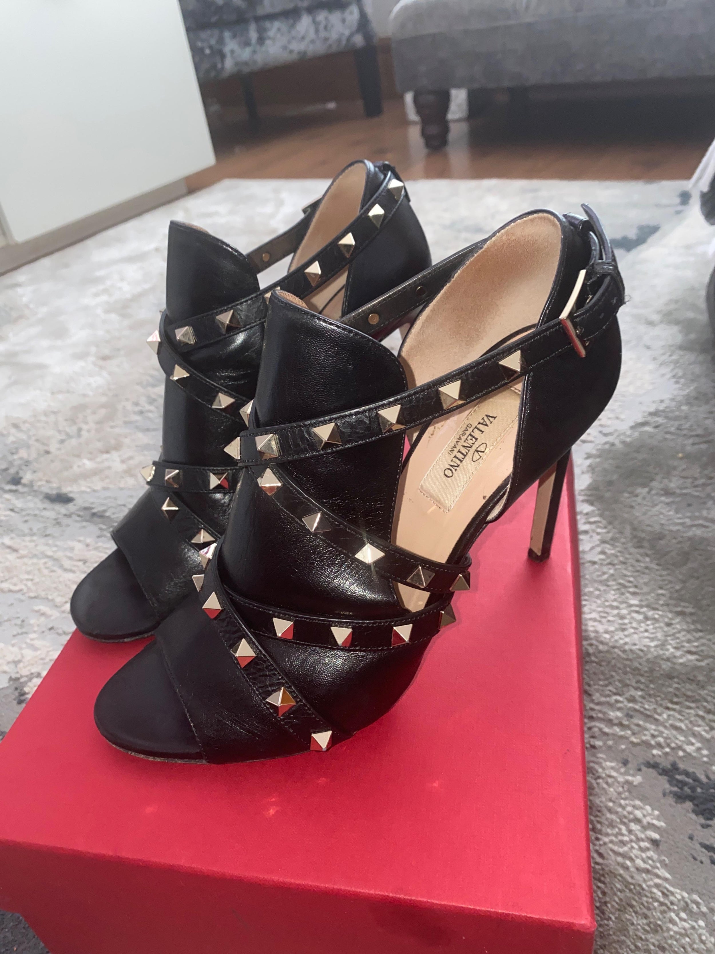 Black Leather Rockstud Booties