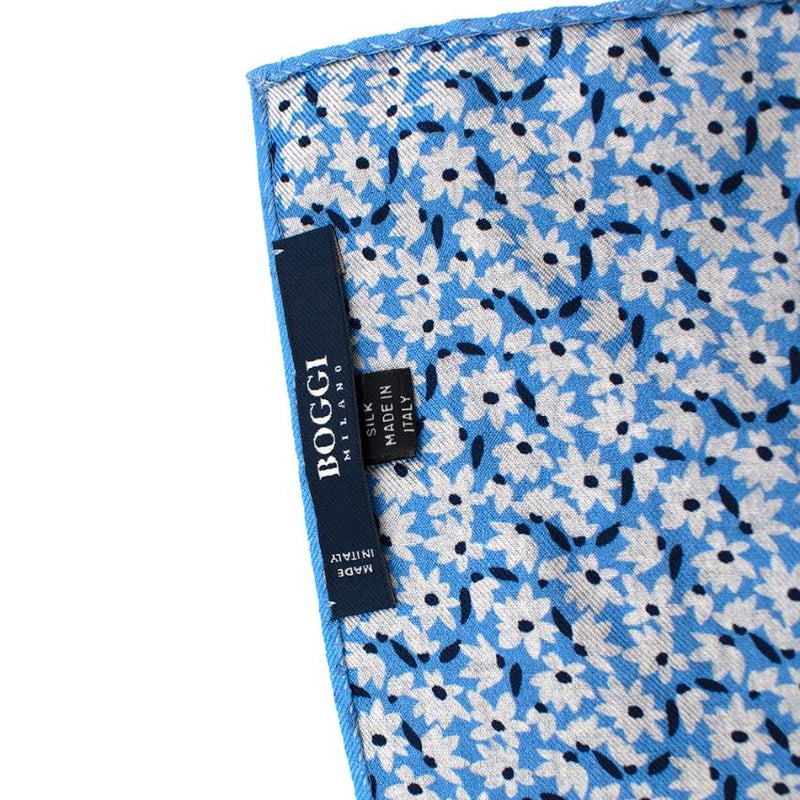 Boggi Blue Double Faced Floral & Denim Print Silk Handkerchief